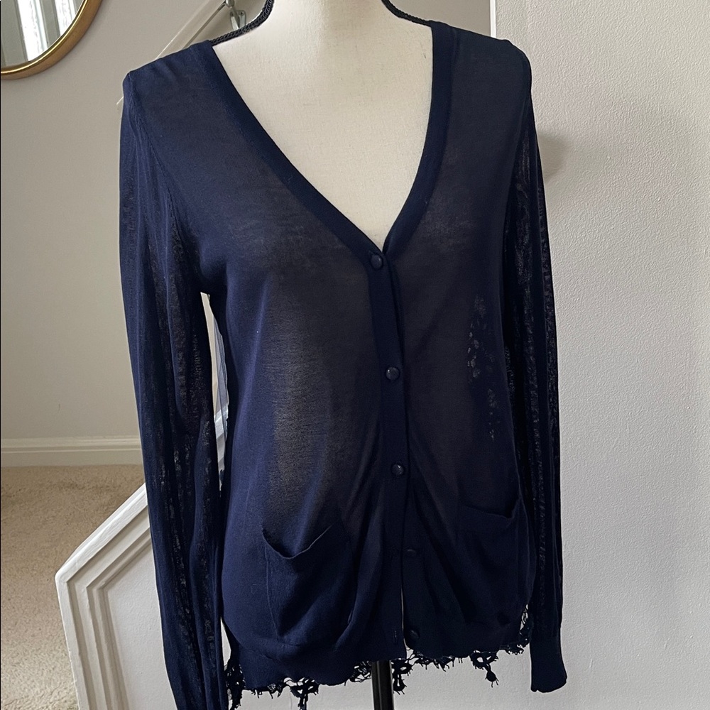 Molly Bracken Navy Lace Cardigan Fabric Covered Buttons Sheer mesh over Lace M/L